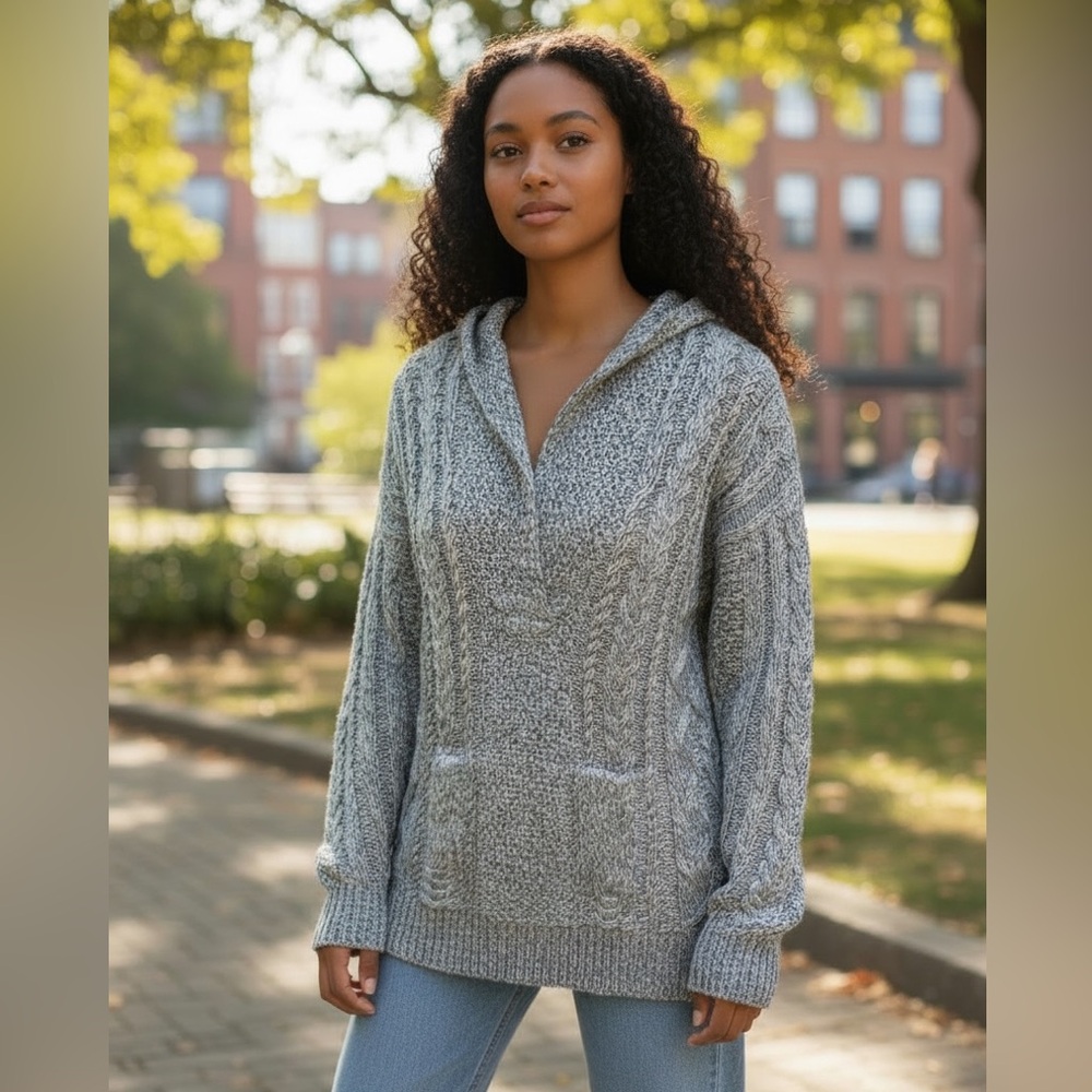 Lauren Ralph Lauren Blue Gray Tan Marl Cable Knit Cotton Hoodie Sweater SZ Small